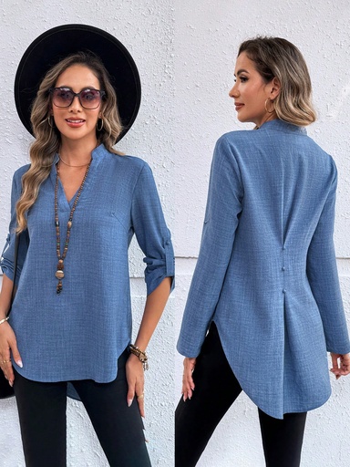 [sz2408057696026276] EMERY ROSE Camisa informal de mujer con cuello en V, puño con volantes, unicolor, otoño