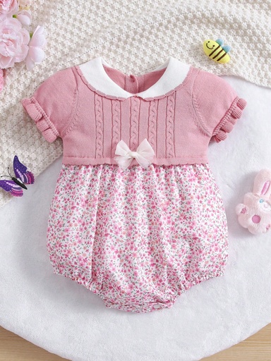 [sa2402236399558285] Sudadera de manga corta con cuello Peter Pan y body con decoración de lazo para niña