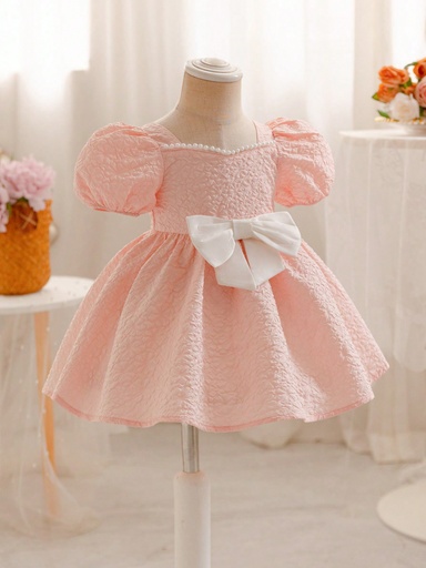 [sa2404089313575723] SHEIN Lindo vestido de verano para bebé niña con bloques de color texturizados y vestido con manga de burbuja, lazo y cuello cuadrado