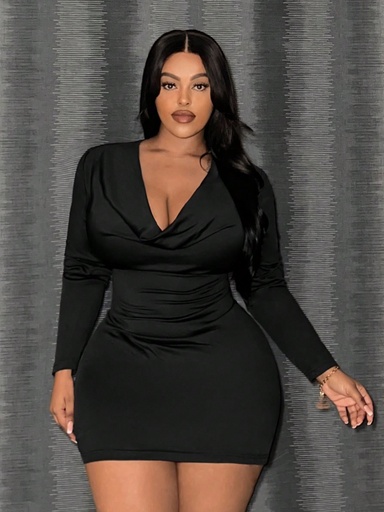 [sz2310253021854995] SHEIN Slayr Vestido mini ajustado de manga larga con cuello de pila, elegante, sexy, de ajuste ceñido y de un solo color, para club, cita nocturna, coqueta, fiesta