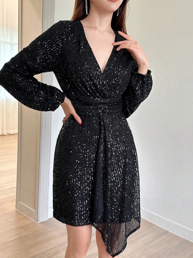 [sz2308076936930607] Dazy Star Vestido cruzado de cuello cruzado de manga farol con lentejuelas