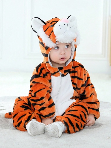 [sa2306214846524660] Bebé niño Disfraz piel de tigre con estampado con bordado de dibujos animados con diseño de orejas 3D con capucha