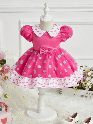 [sa2311118966680889] SHEIN Vestido Para Niña Con Cuello De Muñeca Con Estampado De Mariposas Y Puntos Plateados, Falda Hinchada Con Superposición De Malla Y Estilo
