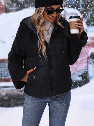 SHEIN LUNE Abrigo acolchado panel teddy de hombros caídos con cordón con capucha cremallera