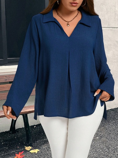 [sz2408229283907053] EMERY ROSE Camisa de textura azul informal talla grande, adecuada para el trabajo y el uso diario, ropa de invierno para mujeres