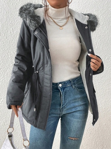 [sz2312192026589909] SHEIN Frenchy Chaqueta Acolchada Con Capucha, Cuello Y Cintura Con Cordón