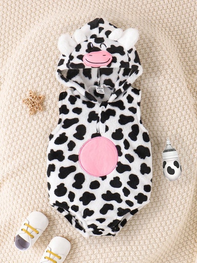 [sa2312193044530330] SHEIN Enterito Con Capucha De Imprimir Vaca Para Bebé Niño, Primavera/verano, Cómodo, Lindo Y Divertido Para Fiestas