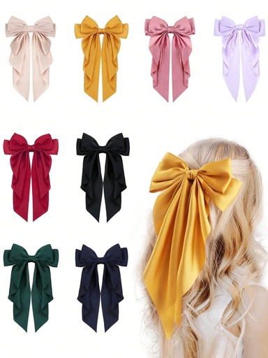 [sc2306086357035125] 8 piezas de grandes lazos de cabello de capas de satén para mujeres niñas, de 8 pulgadas con clip de barreta y cintas largas negras, accesorios para cabello de estilo francés