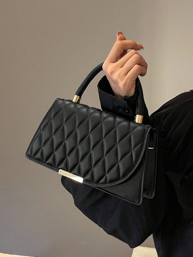 [sg2405222242221144] Una bolsa cuadrada minimalista y elegante con rejilla de diamantes en relieve, decoración de borde de hierro de hardware, apertura de solapa, correa para el hombro ajustable, adecuada para el uso diario de mujeres y estudiantes