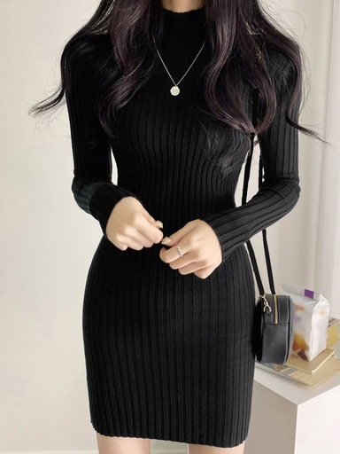 [sw2207051568666952] DAZY Vestido De Punto Acanalado Con Cuello Alto