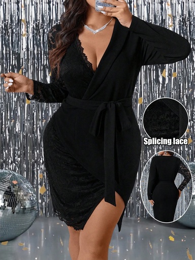 [sz2409290501031121] Vestido negro de fiesta de talla grande con parches de encaje
