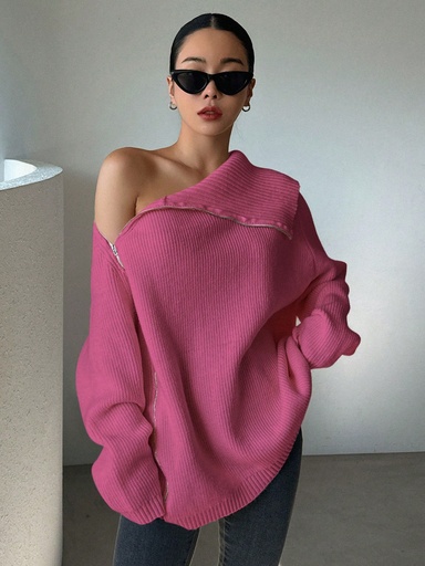 [sz2311244030440653] DAZY Cárdigan Casual De Manga Larga Con Cuello Irregular Y Diseño Con Cremallera