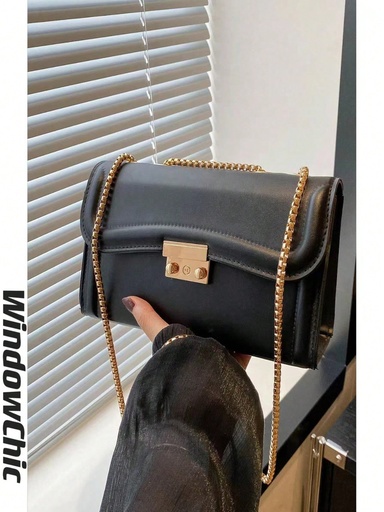 [sg2405085513526416] Una bolsa cuadrada vintage minimalista con cierre de bloqueo de hardware, solapa de apertura, correa de hombro de cadena de metal, una bolsa sólida de color liviano, ajustable a una bolsa cruzada. Adecuada para el uso diario de damas.