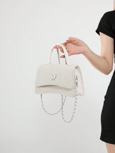 [sg2405032999714489] 1 pieza de bolso tote vintage con decoración de lazo con apertura de solapa, ligero y minimalista, bolso cruzado de cadena de metal. Adecuado para el uso diario de las mujeres