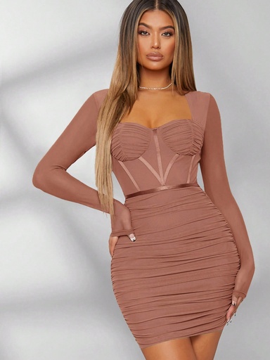 [sw2210296538213153] SHEIN Haute Vestido Ajustado Con Bustier De Malla Fruncida