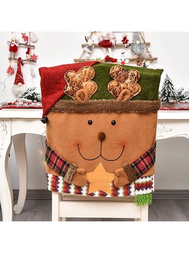 [sh2309184068843559] 1 pieza Funda de silla de Papá Noel con diseño de dibujos animados navideños, 3D y arpillera a cuadros, ornamento creativo para mangas de mesa y silla, decoración para fiestas y hogar en festividades