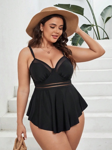 [st2304190220866773] SHEIN Swim Curve Bañador bikini de malla en contraste bajo con fruncido