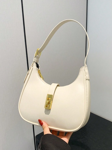 [sg2404270347307000] Bolso de hombro con textura en forma de creciente y un solo color para mujeres, bolso clásico y minimalista con decoración de candado, adecuado para uso diario y citas