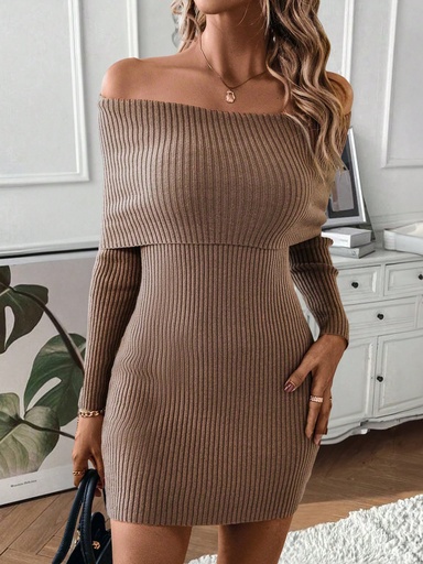 [sz2306306724919017] SHEIN Essnce Vestido de punto ajustado de hombros descubiertos doblado