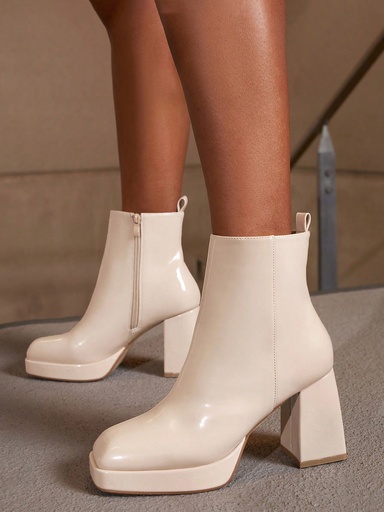 [sx2305289862664445] CUCCOO BIZCHIC Zapatos de mujer con cremallera lateral de tacón grueso clásico y elegante, color beige, botines hasta el tobillo, zapatos para vacaciones en venta de verano