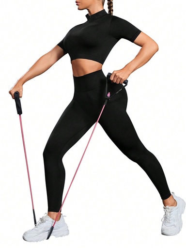 [st2310194516528322] Yoga Basic Conjunto Deportivo Elegante De Top Corto Sin Costuras Con Cremallera Media Abierta Y Leggings