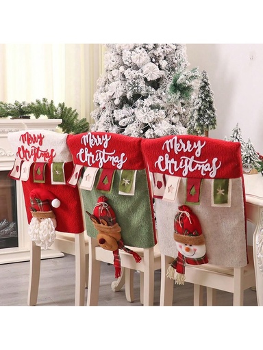 [sh2408157158700110] 1 pieza/3 piezas Decoraciones navideñas, Cubierta de silla de peluche 3D de dibujos animados y coloridos, Santa Claus, Muñeco de nieve, Funda para respaldo de silla de lino con renos, Decoración para el hogar, la cocina, la mesa del comedor, suministros para fiestas, decoración de granja, Halloween, decoración de Halloween