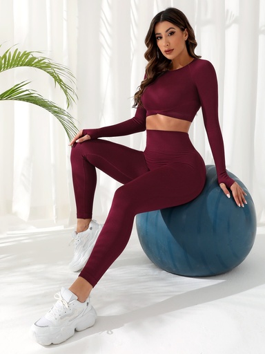 [st2211284075457411] SHEIN Sport Studio Conjunto de Yoga inconsútil, 2 piezas, traje de Pilates, camiseta de manga raglán con agujero para el pulgar y mallas con control de barriga y glúteos