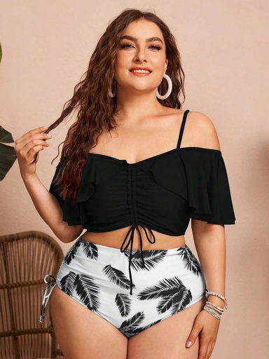 [st2303226039591829] SHEIN Swim Vcay Bañador bikini tropical fruncido con cordón lateral