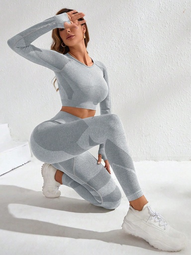 [st2309236659492651] SHEIN Yoga Basic Conjunto deportivo inconsútil con estiramiento alto agujeros de pulgar con estampado de rayas