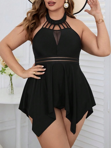 [sz2310144713387233] SHEIN Swim Curve Traje De Baño De Talla Grande Para Mujer Con Diseño Halter, Vestido De Traje De Baño Irregular Hem Y Trajes De Baño Separados