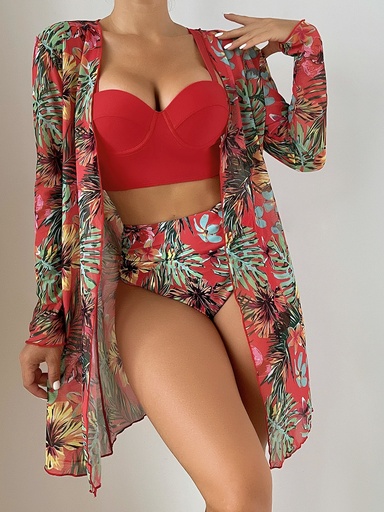[sw2204082570644279] SHEIN Swim Vcay Bañador bikini con estampado tropical push up de talle alto con kimono