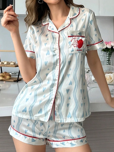 [si2312207739675260] Pijama De Bolsillo Para Mujeres, Diseño De Corazón Y Ribete Contrastante