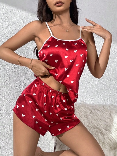 [si2307135885558588] Conjunto de pijama con estampado de corazón unido en contraste de satén