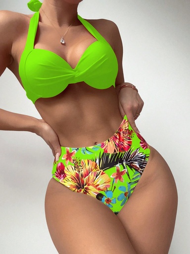 [st2303217272614209] SHEIN Swim Vcay Bañador bikini push up con estampado tropical girante halter