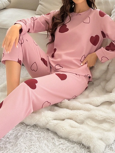 [si2311137093323922] Conjunto De Pijama De Manga Larga Y Pantalón Largo Con Estampado De Patrón De Corazones Para Damas