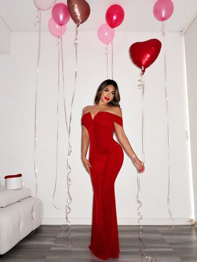 [sz2311168483193197] SHEIN SXY Vestido De Primavera Para El Día De San Valentín, Vestido Largo Sexy Con Hombros Descubiertos Para Fiesta De Cumpleaños Rojo Para Mujer