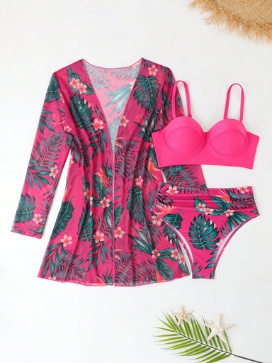 [sz2309277494140112] SHEIN Swim Vcay 3 piezas Set de bikini Sujetador push up con estampado tropical & Bragas hipster & Kimono