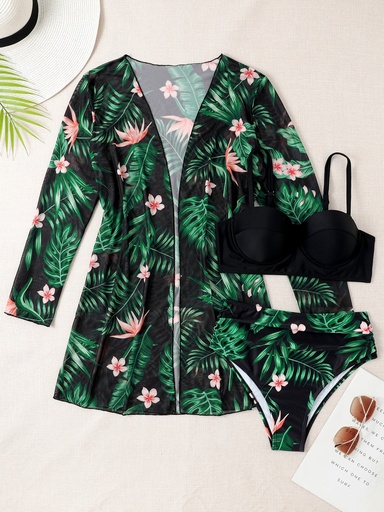 [sw2211097756050490] SHEIN Swim Vcay Conjunto de bikini con estampado tropical, sujetador push up, braguita de bikini hipster y traje de baño de 3 piezas tipo kimono