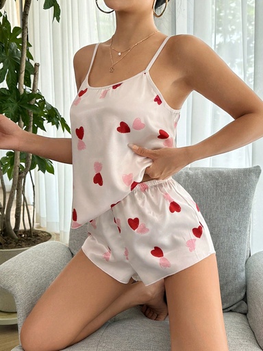 [si2309068684504486] Conjunto de pijama shorts con top de tirantes con estampado de corazón de satén