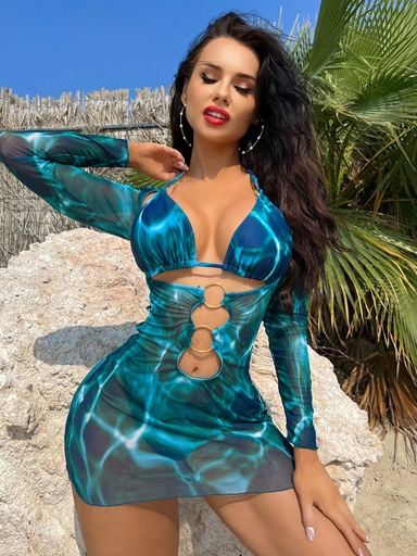 [sw2301316926187758] SHEIN Swim SXY Bañador bikini triángulo halter con estampado de tie dye con cover up