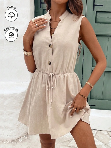 [sz2312227573505754] SHEIN Frenchy Vestido de mujer de unicolor con escote en punta, ropa de festival campestre, ropa de verano para mujer, vestido de material de algodón, transpirable y cómodo, vestido albaricoque khaki, vestidos de verano lindos, vestido boho, vestidos de verano casuales