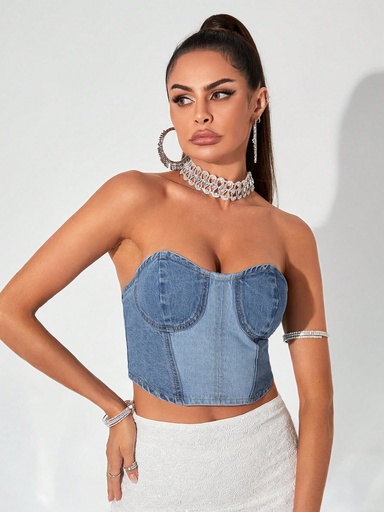 [sz2306201616746471] SHEIN BAE Top en mezclilla de dos tonos bustier tubo