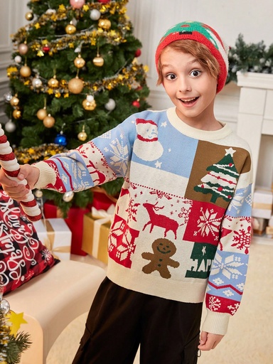 [sk2307189299175014] SHEIN Chico preadolescente Jersey con patrón de Navidad de hombros caídos