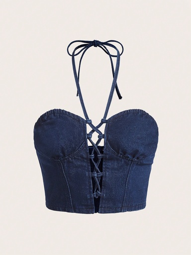 [sz2308234821101534]  Top en mezclilla con tira cruzada de espalda abierta con cordón halter