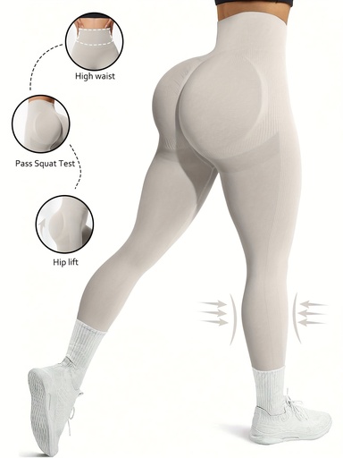 Pantalones de yoga deportivos con textura sólida, leggings con cintura ancha para control de abdomen, ropa deportiva para mujer