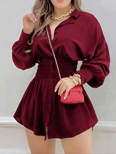 [17596014483212] Vestido camisero elegante para mujer, color burdeos, con volantes en la cintura, mangas plisadas, cuello con botones, puños acampanados, tela lavable a máquina, sin estirar, ideal para primavera, verano y otoño, uso casual o semiformal