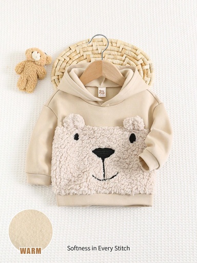 [sa2408236668356704] Cozy Pixies Sudadera con capucha de contraste de color con bordado de oso para bebé niño, casual y versátil