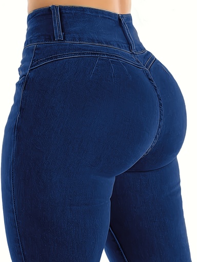 [17593065937841] Jeans Ajustados de Cintura Alta con Botones para Mujer - Denim Elástico, Tiro Medio, Pantalones Cortos Casuales de ChengyuJS