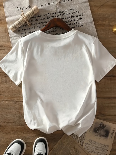 [17592680401045] Camiseta Casual de Mujer con Estampado de Gato y Letras - Manga Corta, Cuello Redondo, Top de Poliéster Transpirable para Primavera y Verano