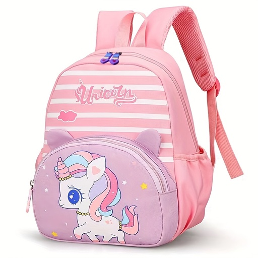 [17598756723518] Mochila de dibujos animados linda para preescolar - Ligera, correas ajustables, cierre de cremallera, diseño de unicornio rosa y morado con estrellas y corazones, ideal para niños de 3 a 6 años.